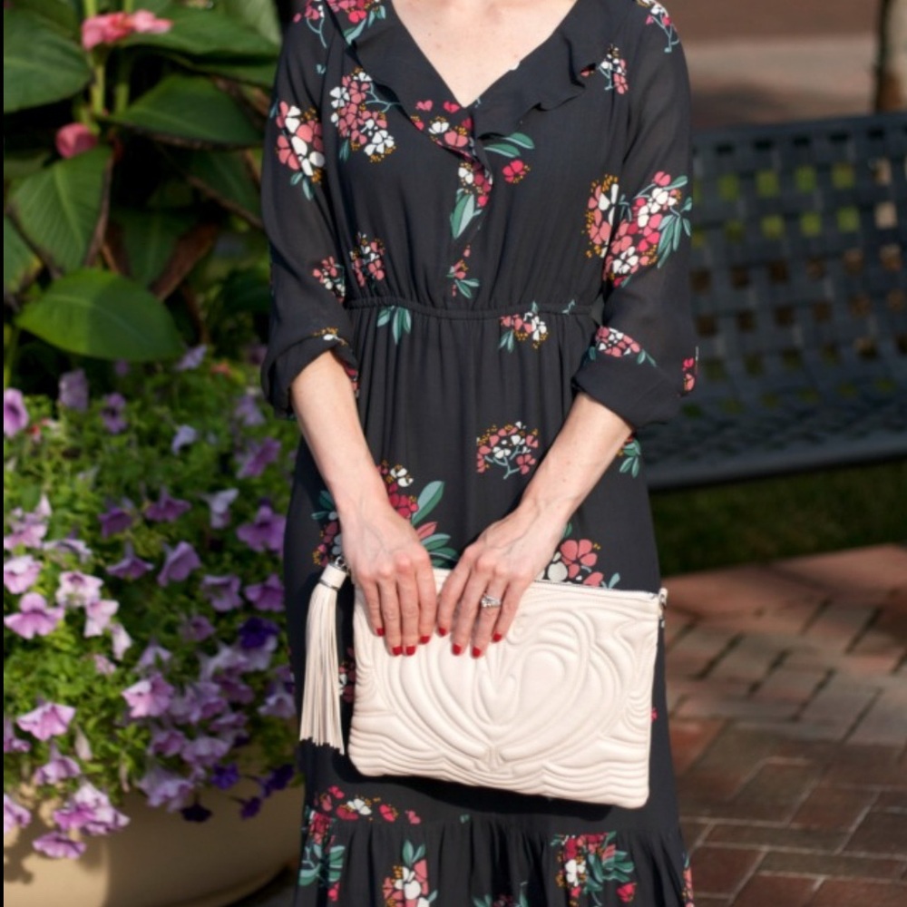 LOFT Dark Floral Top with Pink and Green Accents